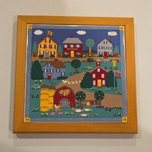 Treasure Craft‎ Village Farm Scene Wood Framed Ceramic Tile Trivet Wall Hanging
